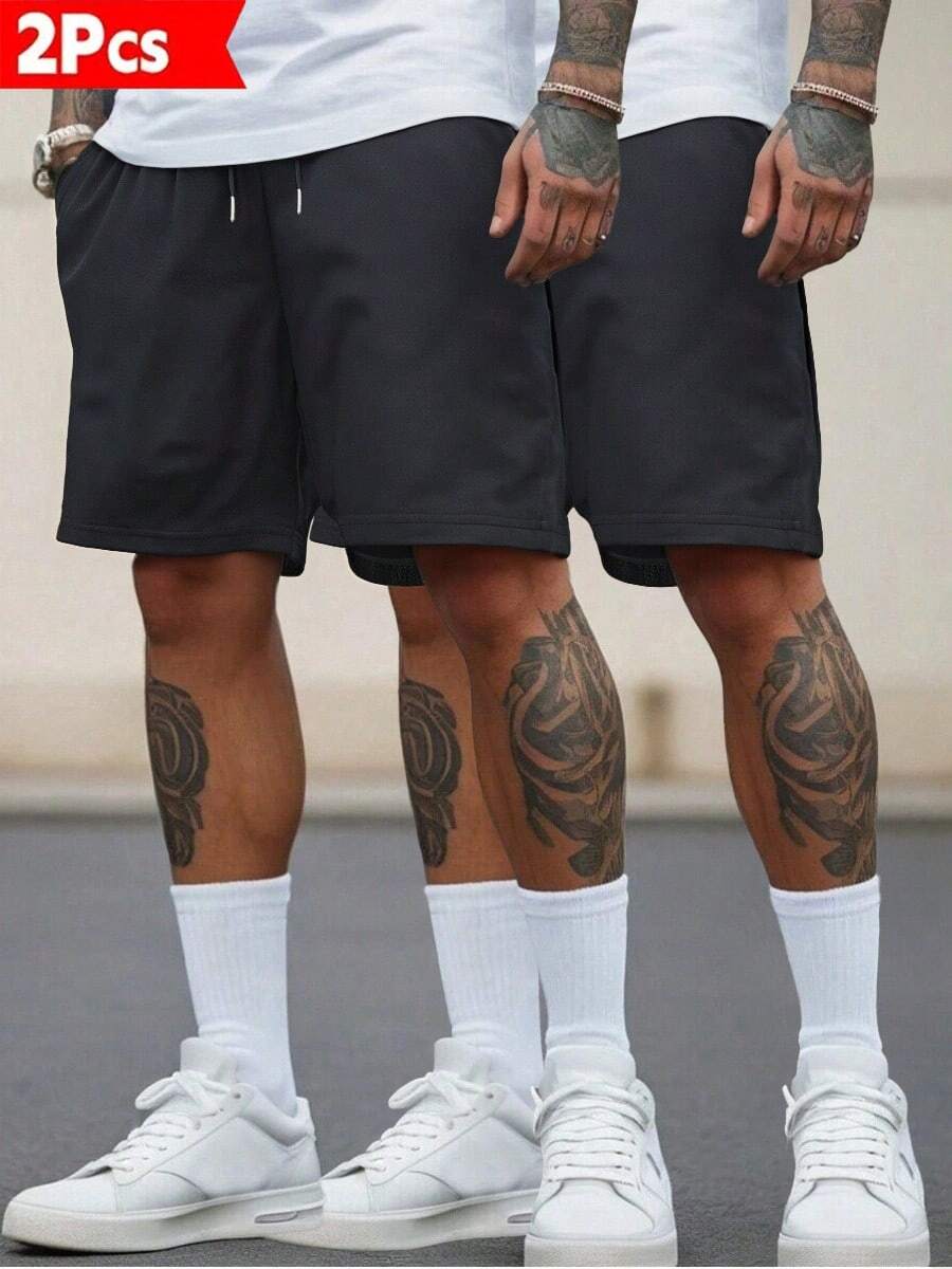 2 piezas Pantalones cortos casuales para hombres con bolsillos laterales, cintura elástica y cordón, diseño minimalista de unicolor, adecuados para actividades al aire libre, fitness, correr, artículo versátil de verano, gran regalo para el esposo o novio deportista - Negro - Ver 1
