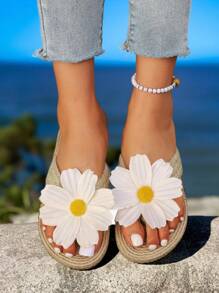 Damen Khaki Sommer Neue Leinen Seil Zehenstegsandalen, flache modische Lässig Pantoffeln mit Blumen, offene Zehenpartie