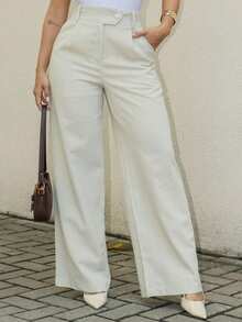 LULU RUNS4 Women's Wide Leg Linen Trousers High Waist With Lining - 米色 - 查看 6