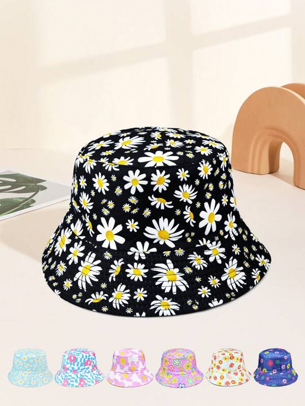 1 Peça Chapéu de Balde (Bucket Hat) de Mulher com Estampa de Margarida Dupla Face, Chapéu de Sol de Verão com Estampa Floral Criativa, Proteção UV para Uso Externo, Dobrável