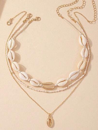 3入組波西米亞風格手工串珠和貝殼吊墜鎖骨項鍊