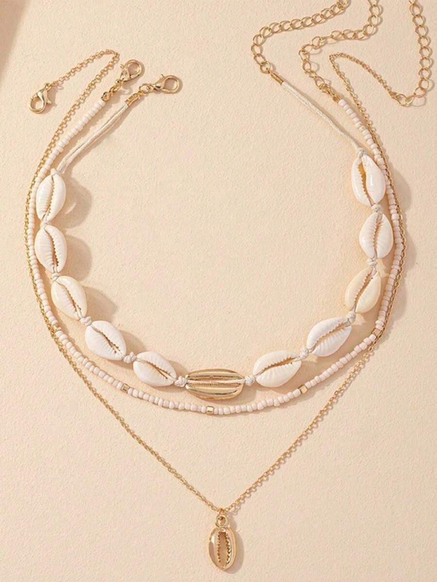 3入組波西米亞風格手工串珠和貝殼吊墜鎖骨項鍊 - 彩色 - 查看 1