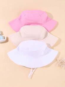 3 Stücke Kinder einfache lange Seil Kombination Fischerhut, verstellbare Größe für Outdoor Sonnenschutz, Freizeithut geeignet für Jungen und Mädchen, Frühling und Reisen, Strandurlaub, Sonnenhut, Fischerhut. - Rosa + Weiß + Beige 3 Kombinationen - Übersicht 5