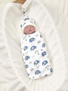 1pc Printed Design Swaddle Blanket With 1pc Matching Hat, Soft & Cozy Baby Wrap Blanket