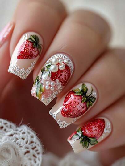 24 قطعة أظافر فرنسية قصيرة مطبوعة بالفراولة واللؤلؤ مع 1 ملف أظافر و 1 قطعة من غراء الجيلي، مستلزمات الأظافر