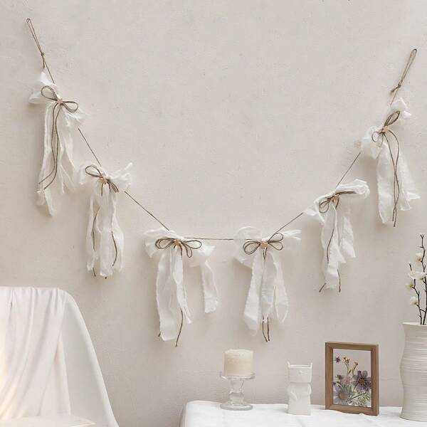1pc White Bow Garland Banner, Wedding Party Decorations, Romantic Bohemian Hanging Decorations For Bridal Shower, Party, Birthday, Anniversary, Valentine's Day, Home And Bedroom Aesthetic Decoration
