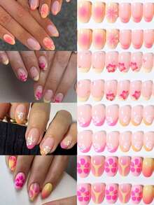 短椭圆形 96 片（4 种混合）3D 凝胶指甲，打造芙蓉花指甲设计，法式亚克力按压指甲，短指甲，粉色法式、黄色法式、白色法式设计，完美贴合短假指甲套装，包括：1 片果冻凝胶和 1 个指甲锉。易于佩戴的夏季指甲和法式尖头指甲艺术，适合女性女孩日常工作穿着，狂欢派对使用美甲用品