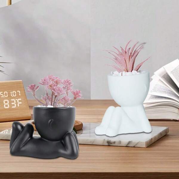 1pc Artificial Succulent, Single Small Person Succulent Potted Plant, Three Shapes To Choose From, Black/White Vase, Cartoon Shape, PP Material, PE Material, Pink, Table Decoration, Home Decoration, Garden Decoration, School, Dormitory, Office Decoration