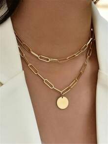 1pc Double Layer Round Pendant Necklace, Everyday Wear - Yellow Gold - View 3