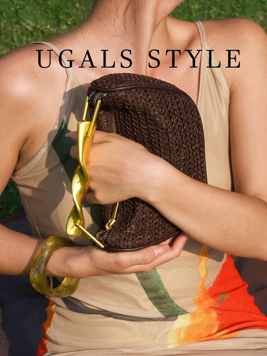 Bolso de lujo para mujer, estilo trenzado para vacaciones, banquete, con asa de metal ondulada, media luna, perfecto para vacaciones, fiestas, bodas, banquetes, se puede combinar con vestido de novia, vestido diario, vestido de fiesta, vestido de cumpleaños, vestido de fiesta para mujer