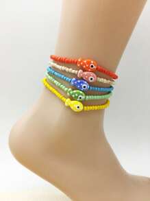 1 Peça Pulseira Elástica para Tornozelo com Decoração de Contas Coloridas e Peixe Cerâmico, Estilo Boêmio para Uso Diário, Praia e Férias