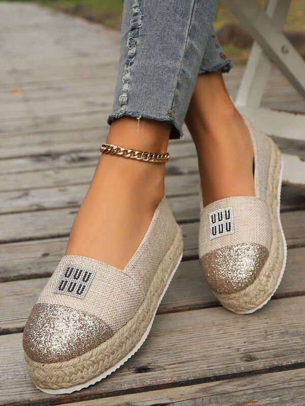 2025 New Thick Sole Woven Rope Casual Flat Shoes, Versatile Fashion Slip-On With Waterproof Platform & Rhinestone Decor For Ladies