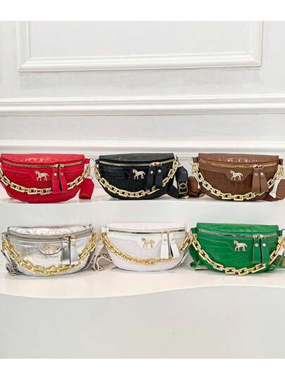 Fashionable Cute Small Horse & Crocodile Print Fanny Pack Chest Bag, Super For Women