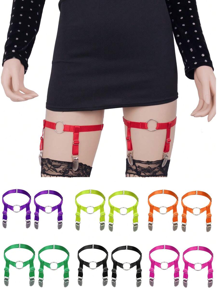 2 件/1 对腿部吊袜带性感女式大腿吊袜带夹 2 件腿环吊袜带五角星束身全笼可调节尺寸朋克哥特式大腿长袜吊袜带俱乐部派对舞蹈节狂欢腰带