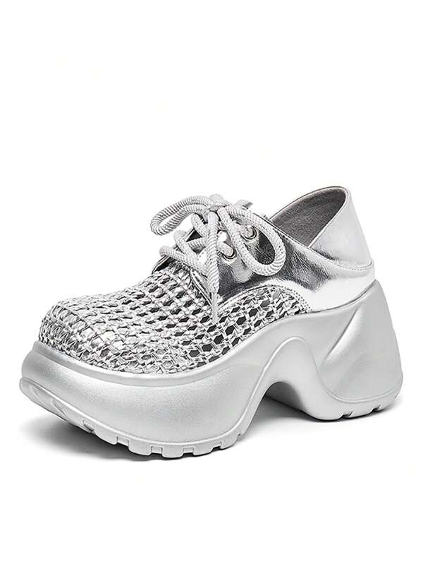 Women's Thick Sole Lace Up Casual Sneakers, Solid Color Preppy College Street Fashion PU Leather Hollow Out Woven Silver Color Shoes, Outdoor Wear Spring/Summer