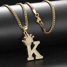 Collar con colgante de letra con corona de circonita para hombres y mujeres, collar de cadena con inicial tipo hip hop, regalo de joyería para mejores amigos - collar - Ver 2