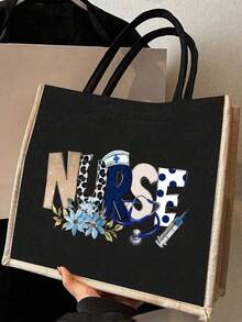 护士印花托特包，轻便购物袋，兼具便携旅行沙滩包和化妆包的功能，采用艺术字母和图案印花设计，适合女性日常使用，是一款便捷的购物袋。感谢老师的礼物，女士亚麻大容量手提包，手提包和化妆包套装，时尚亚麻托特包和化妆包 - 大容量，适合上班、上学或购物，姐妹、同事、朋友