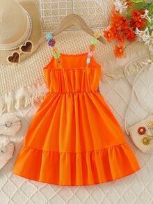 畅销女童连衣裙 2025 新款夏季甜美风格花卉刺绣装饰黄色无袖吊带裙 - 亮橙色 - 查看 7