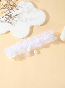 1pc Fashion White Lace Elastic Leg Garter With Faux Pearl Teardrop Butterfly Pendant, Sexy Thigh Chain, Suitable For Weddings, Bridesmaids