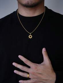 1pc Stainless Steel Hollow Sun Pendant Necklace, & Minimalist For Men