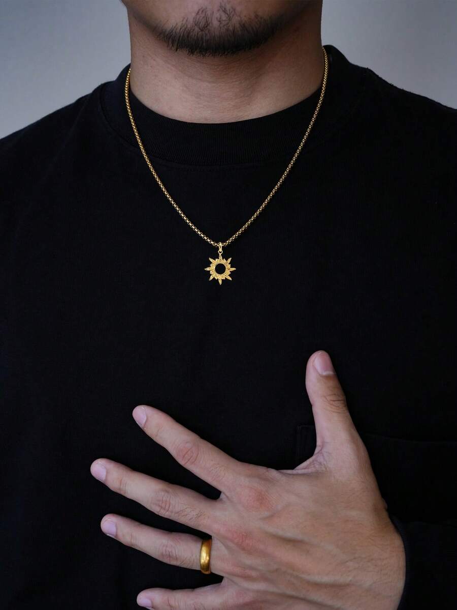 1pc Stainless Steel Hollow Sun Pendant Necklace, & Minimalist For Men