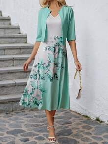 Women's Elegant Two-Piece Set, Half Sleeved Jacket And Floral Print Dress, Summer Outfits For Women - 綠色 - 查看 3