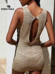 Sexy Slim Beach Mini Dress Women Cut Out Circle Decoration Tunic Seaside Beachwear Swimsuit Cover Up Summer