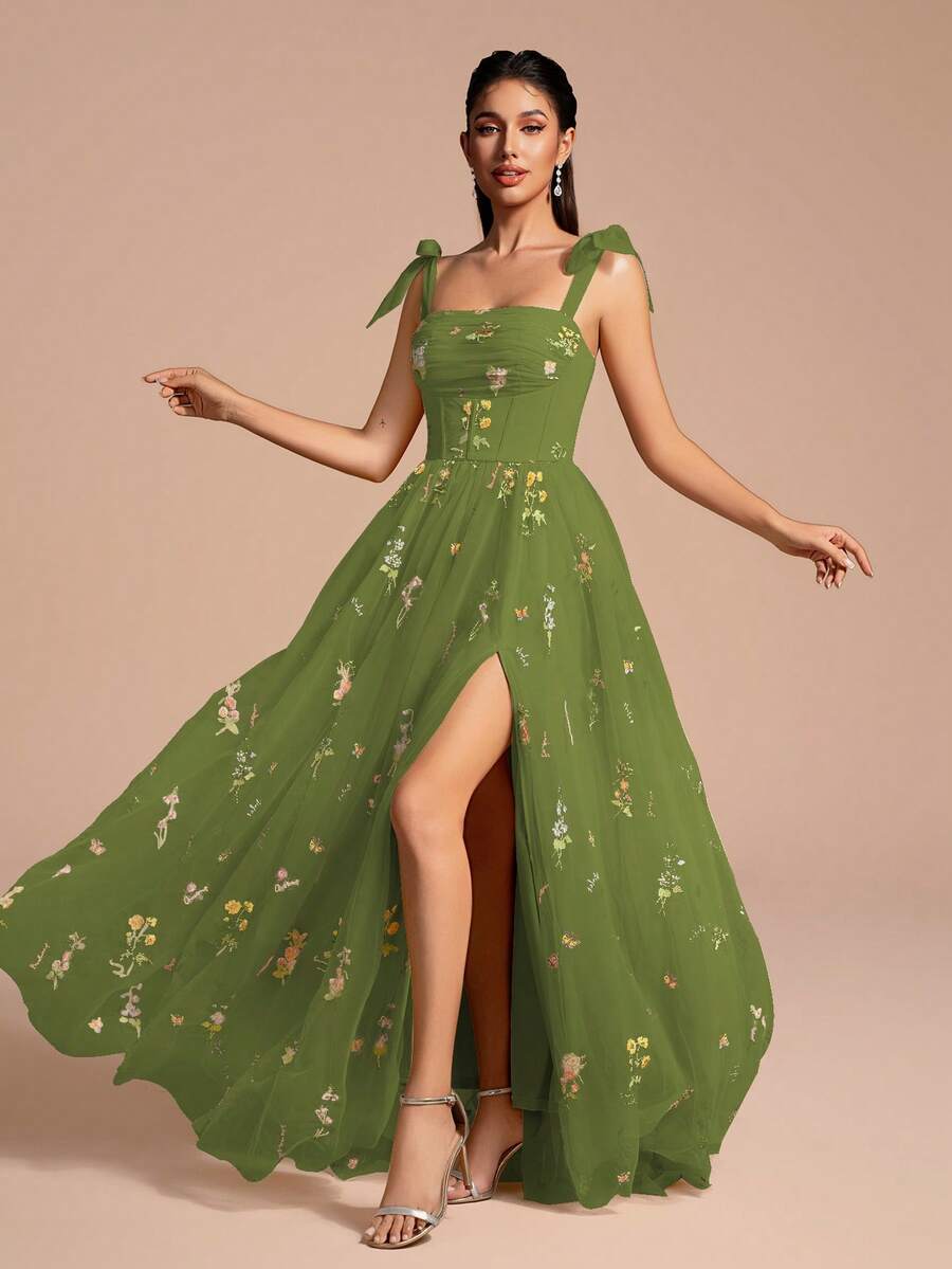 Váy dạ hội trang trọng bằng vải tuyn mỏng thêu hoa có dây đeo mảnh, váy dạ hội cocktail dài đến đầu gối - Màu xanh Ô liu - Xem 1