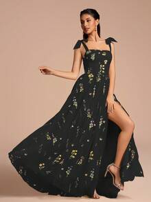 迷人浪漫网眼面料舞会礼服，配有细肩带、花卉刺绣和蝴蝶结细节、喇叭形下摆和高开衩 - 黑色 - 查看 2