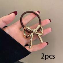 1pc Elegant Metal Bow Elastic Hair Band, Durable High Elasticity Hair Tie For Ponytail, Everyday Wear,Hair Accessories,Hair Elastics,Hair Ties,Hair Rope