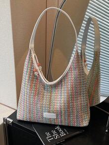 1 pezzo Borsa a spalla casual intrecciata, design colorblock, borsa tote di grande capacità, borsa hobo perfetta per l'uso quotidiano, lo shopping, i viaggi e le vacanze delle donne/ragazze/studenti - Beige - Visualizzare 10