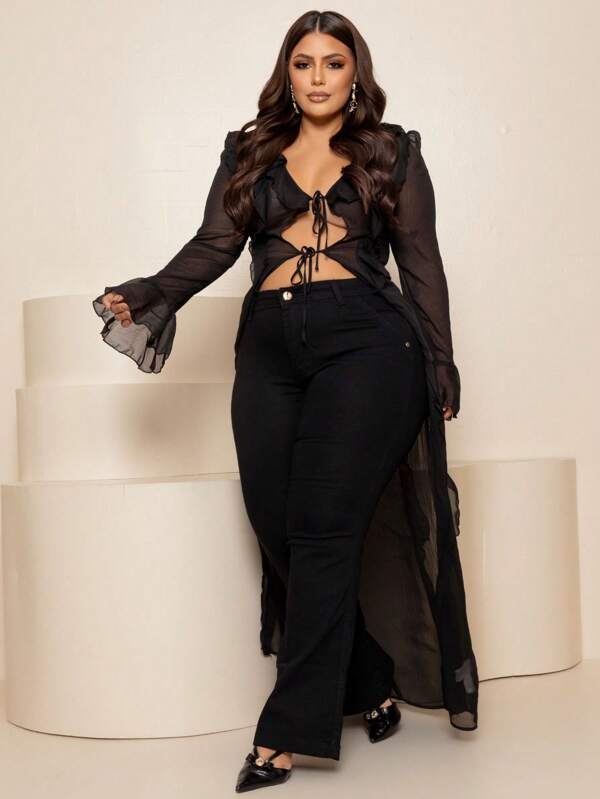 calça jeans flare feminina plus size boca larga elegante cós alto modeladora com elastano