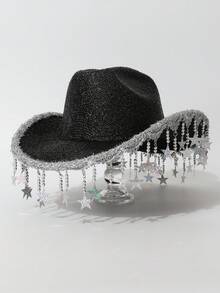 1 件女式闪亮五角星流苏吊坠时尚爵士帽，女牛仔帽适合派对、婚礼、舞台穿着，全年 - 禮帽 - 查看 5