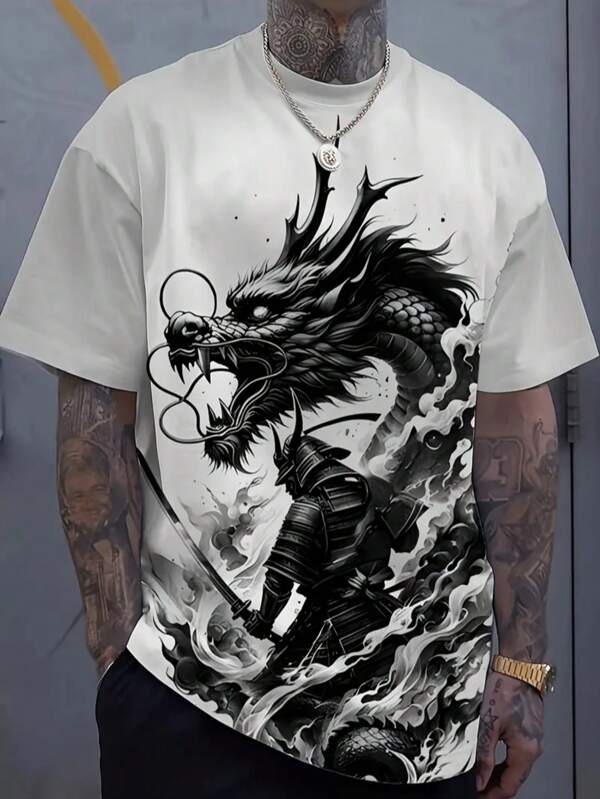 Plus Size Men's 3D Digital Print T-Shirt With Warrior & Black Dragon Graphic, Casual Short Sleeve, Breathable Polyester, Fashion Top With Dynamic Warrior Design, Casual Wear | Bold Graphic Tee | Stretchy Fabric