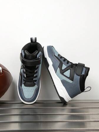 1 Pair Unisex Kids Leather High-Top Sneakers, Fashion Splice Waterproof Casual Sports Shoes, Versatile For All Seasons