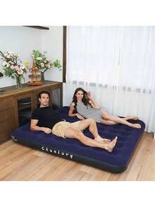 Colchón de aire flocado de lujo para acampar con bomba de aire eléctrica gratuita, impermeable, para interiores y exteriores, inflado rápido, colchón de cama de aire con superficie cómoda Colchón de aire Dual Deluxe de doble elasticidad, material PVC, almohadilla rectangular, sin carga, con sistema de inflado/desinflado rápido, para camping, viajes, cama de emergencia para el hogar, sin bomba incluida - Azul Marino - Ver 9