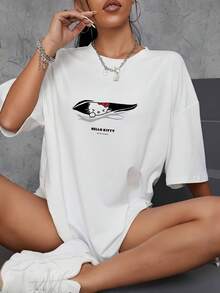 Sanrio 1 件 Hello Kitty 女式休闲卡通印花圆领短袖 T 恤图案肩部 T 恤女式上衣家居服打底衫女士夏季服装 Kuromi My Melody Hello Kitty 商品