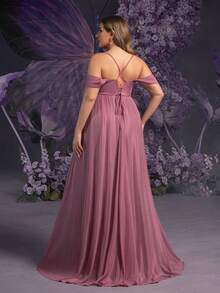 Faeriesty Vestido de maternidad de talla grande Dressalisa con tirantes ultradelgados y lazo en la espalda - Elegantes volantes en el busto y falda dramáticamente amplia para bodas de primavera/verano, fiestas formales, baby shower y eventos glamorosos (Estética floral romántica, silueta favorecedora, diseño de maternidad cómodo) - Rosa vieja - Ver 2