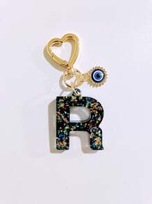 1pc Laser Black Shiny Resin A-Z Initial Keychain, With Devil Eye And Heart Keyring Bag Charm Pendant, Party Favor, Suitable For Holiday Gifts To Friends