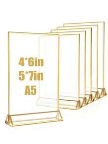1 件，4*6 英寸，5*7 英寸，A5 尺寸透明亚克力标牌展示架多用途双面金色框架婚礼号码牌桌传单菜单卡架 - 金邊透明 - 查看 2
