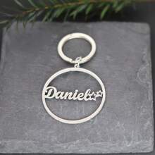 1pc Customized Keychain Without Chain, Personalized Laser Engraved Name & Numeric Geometric Circle Stainless Steel Tag Keychain, Gift For Men & Women