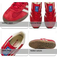 Adidas Originals 男女通用 GAZELLE INDOOR 低筒綁帶休閒運動鞋，舒適輕量休閒鞋，適合日常穿著、旅行與運動 - 淺猩紅/漢玉白/金 - 查看 10