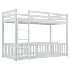 3FT Bunk Bed, Bed With Fences And Door, With Fall Protection And Railings, Solid Wood, White (190x90cm) - White - View 10