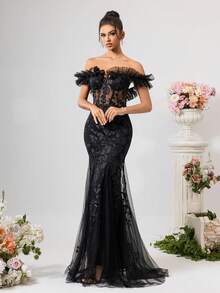 CHOSMO 优雅纯色刺绣蕾丝边针织面料拼接伴娘礼服，适合婚礼、派对、正式场合、晚礼服