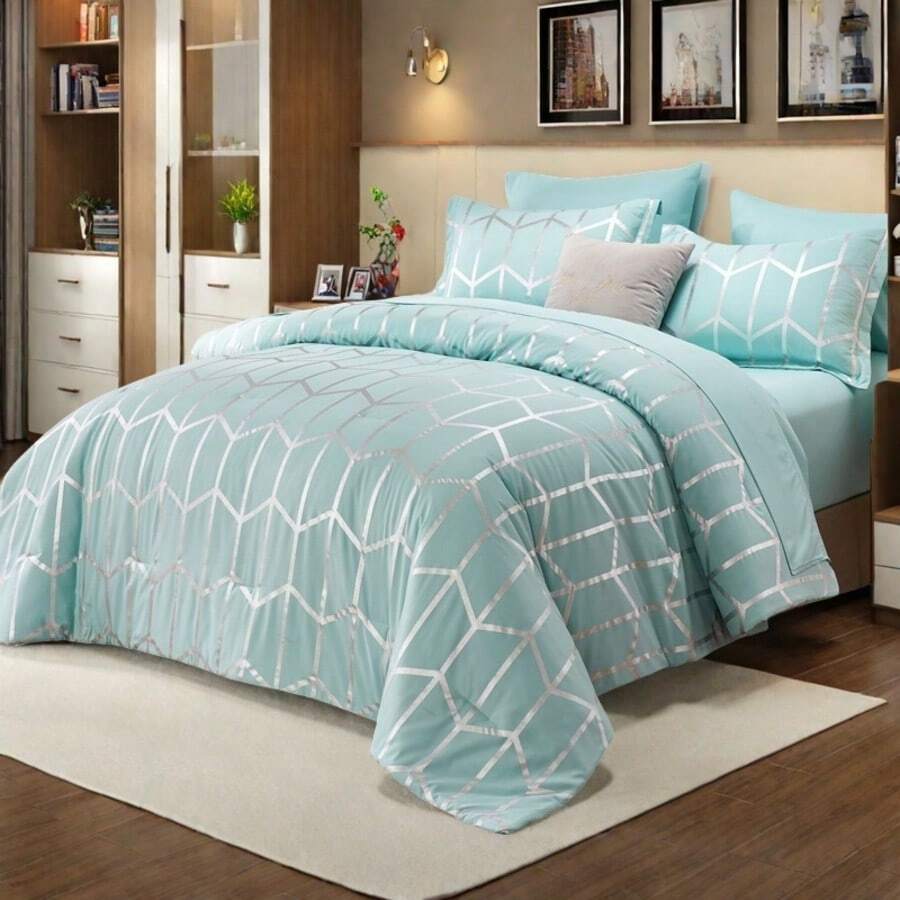 7pieces(Full/Queen/King)Lightweight Solid Comforter Set For All Seasons,Twin(5 Pieces),Soft & Comfortable Bed In A Bag Set For Student/Friends/Colleage,A Cloud-Like Sleeping Space All Year Round,Spring/Summer/Autumn/Winter,Great Gift - Màu xanh lam - Xem 1