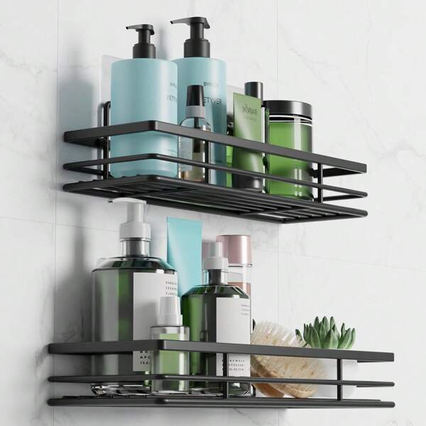 2 paquets Organisateur de douche noir - Étagère et rangement adhésif pour salle de bain, 11,8 x 4,3 pouces, accessoire de douche gain de place pour articles de toilette