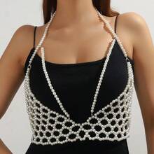 1pc Fashionable Personalized Exaggerated Hollow Out Faux Pearl Women's Necklace Backless Body Chain, Handmade Beaded Backless Jewelry For Wedding, Party, Carnival, Vacation - White - View 6