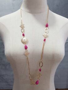 1pc Elegant Geometric Acrylic Bead Hollow Iron Plate Long Necklace, Bohemian Style, Multi-Color, Versatile For Women's Daily Wear