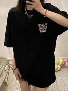 Women's Loose Black Printed T-Shirt - Short Sleeves, Loose Fit, Machine Washable, Japanese Text, Panda Pattern Design