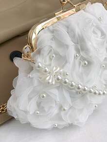 2025 Spring/Summer White Romantic Wedding Season 1pc White Pearl Mesh Floral Hair Clip & Pearl Handbag, Elegant Women's Luxury Dress Evening Bag, Bridal Purse, Wedding Party Clutch - White - View 8